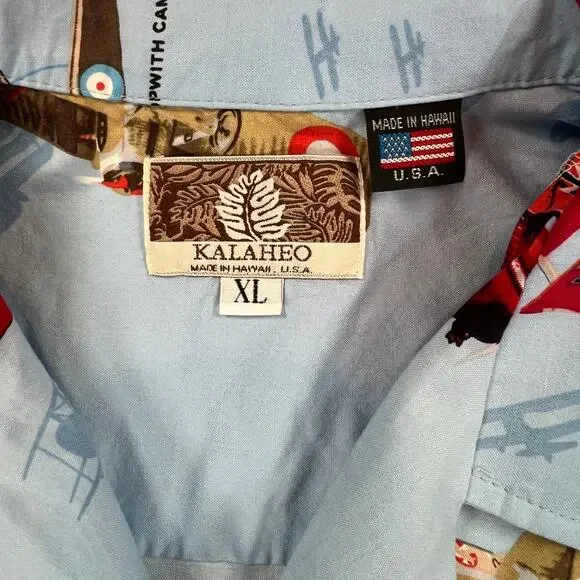 Kalaheo Mens WWII Fighter Plane Hawaiian Shirt Blue Size XL Camp Biplane - Picture 3 of 7